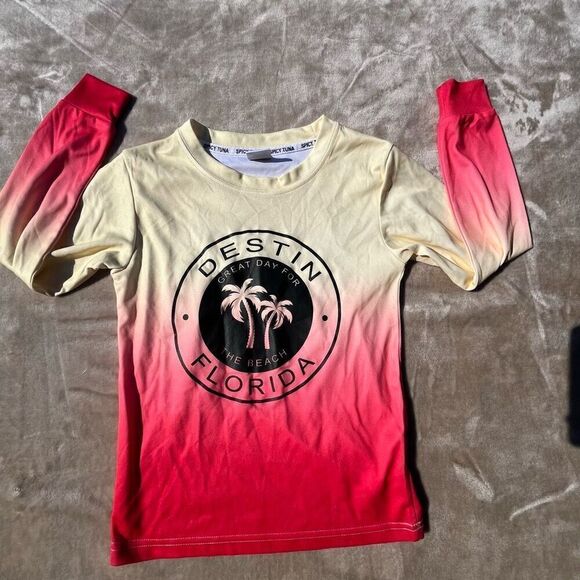 Spicy Tuna Coastal Outfitter Girls Swim Top Medium Yellow Red Long Sleeve - Picture 1 of 6